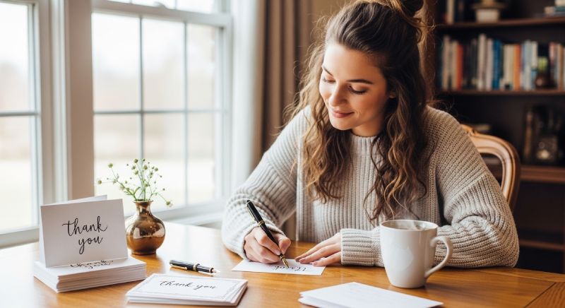 Uma mulher escrevendo bilhetes de agradecimento em sua mesa.
