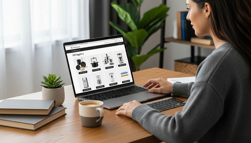 Una donna cerca su un sito di e-commerce articoli da inserire nella sua lista nozze.