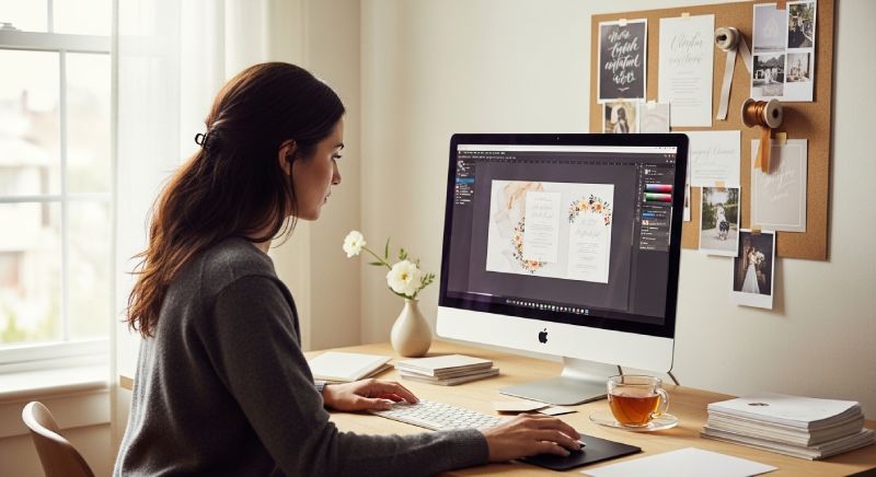 Woman designing her wedding invitations on her computer at her desk