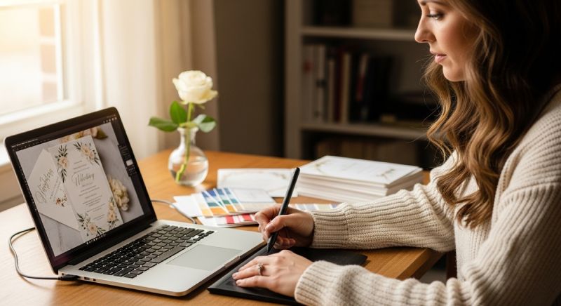 Woman designing her wedding invitations on her computer at her desk