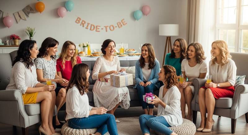 EMPresságio: mulher sentada em uma sala de estar participando de um chá de panela onde a noiva está abrindo um presente.