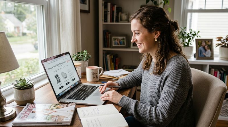 La sposa sarà seduta alla sua scrivania a lavorare alla lista nozze online