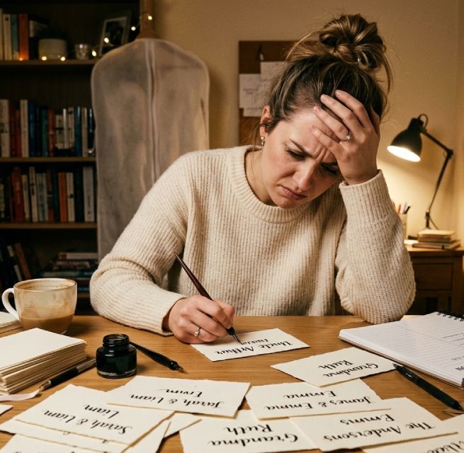 Woman frustrated with hand writing seating cards