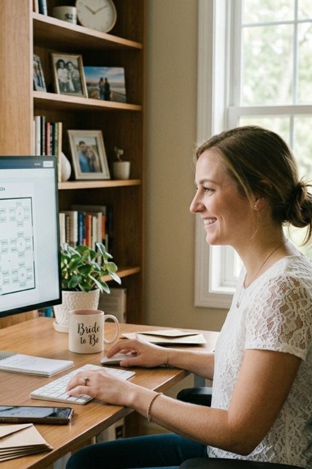 Woman enjoying creating a digital wedding seating chart