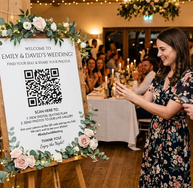 Guests conveniently scanning a QR code at a wedding reception
